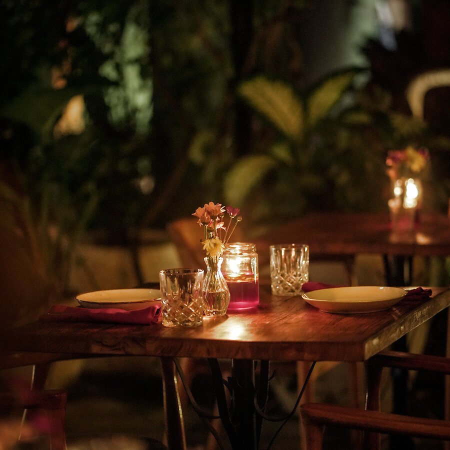 Evening table setting under the trees
